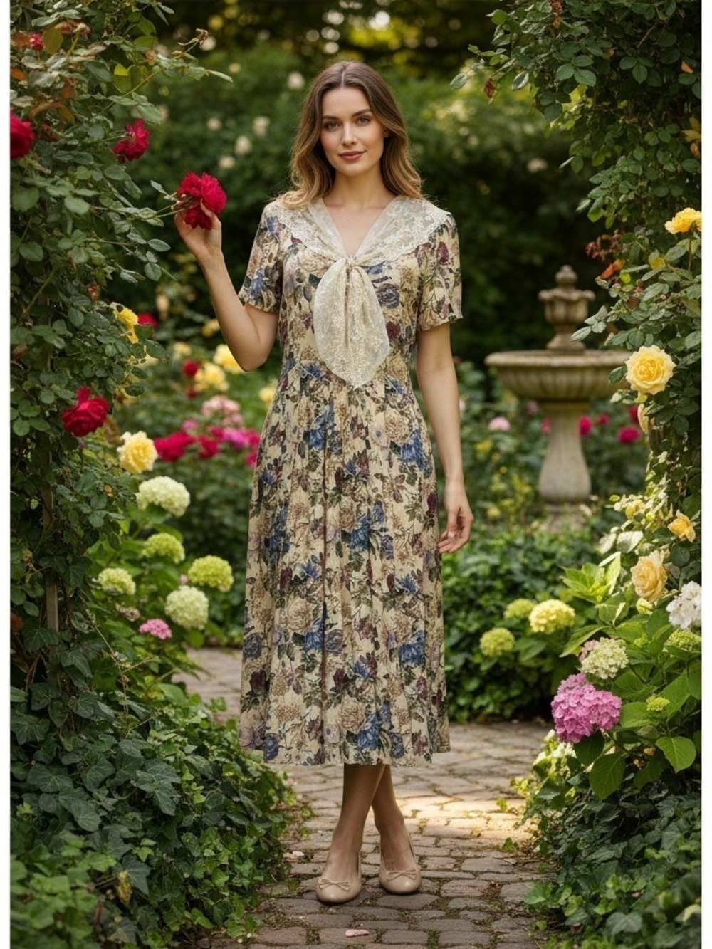 Siz 6 Vintage 90s Cottagecore Floral Rayon Dress Lace Trim VNeck Midi Tea Dress